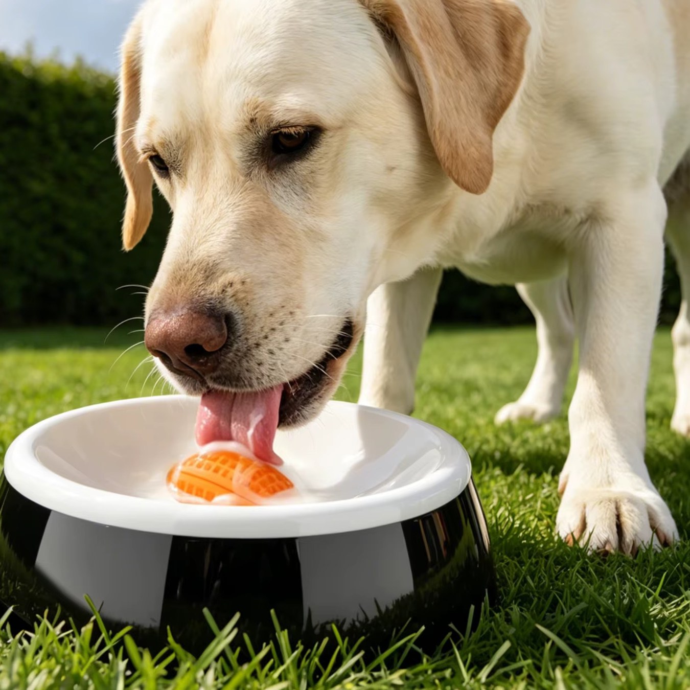 Labrador léchant le bol de léchage LUMAYA avec balle orange
