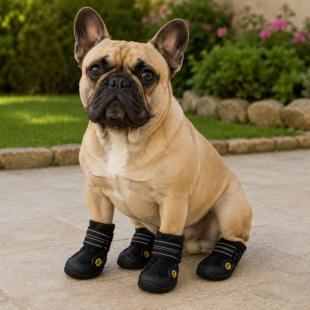 Bouledogue portant les bottines de protection LUMAYA