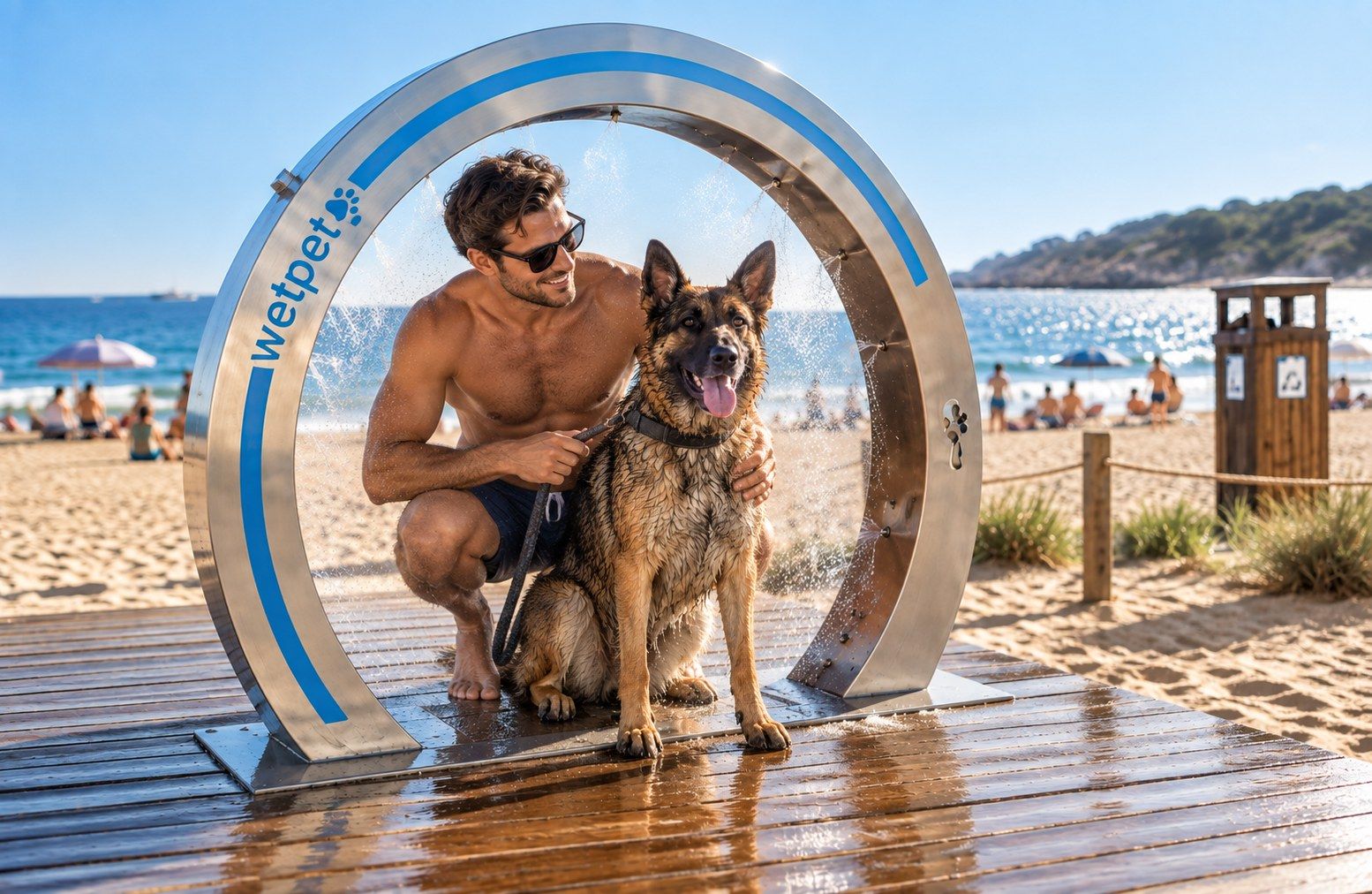 Un propriétaire rince son berger allemand sous la douche WetPet Classic, à la sortie d'une plage