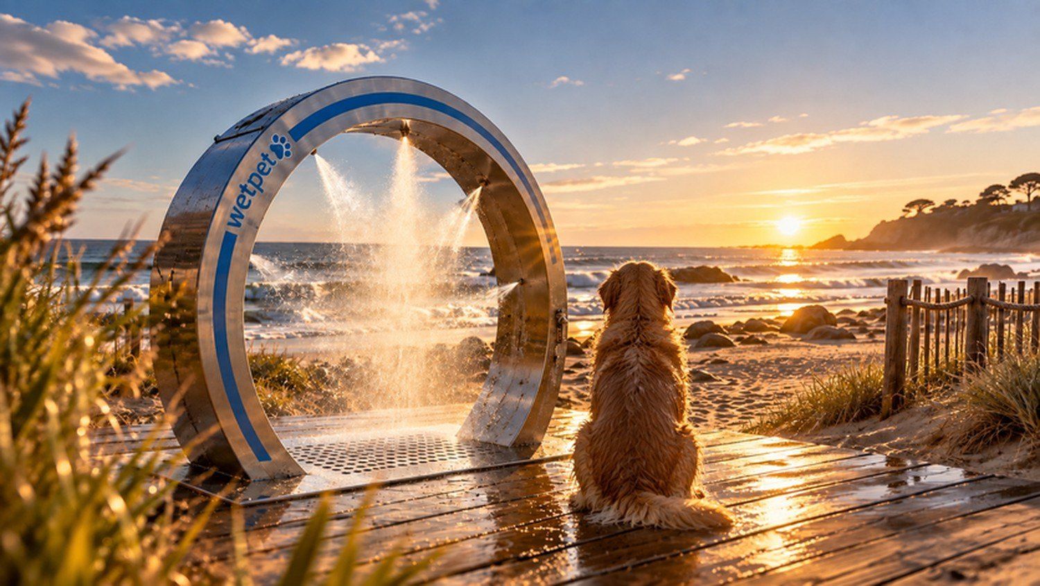Un golden retriever face à la mer devant la douche WetPet Classic au coucher du soleil