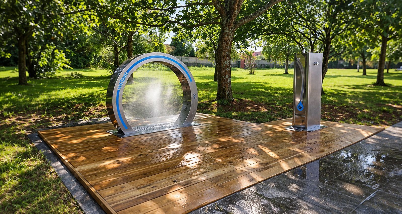 Douche canine WetPet Classic dans un parc urbain arboré