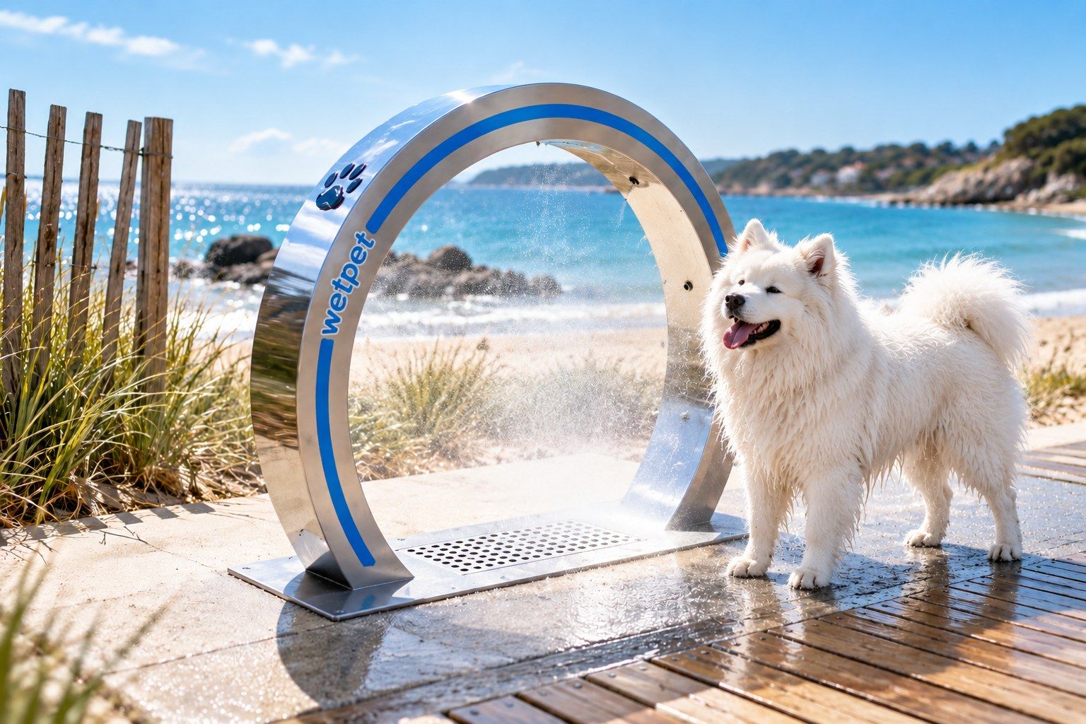 Douche pour chien WetPet Classic en arche inox sur une plage