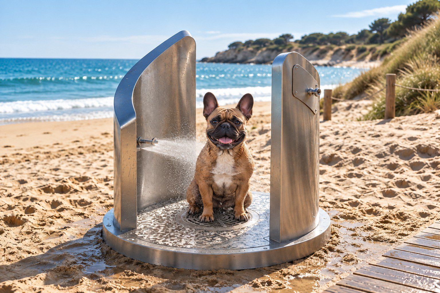 Bouledogue français sous la douche WetPet Wall