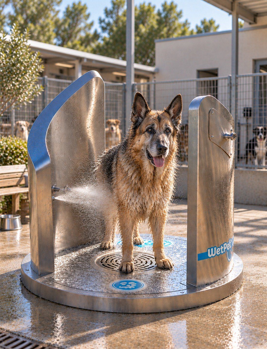 Douche WetPet Wall dans une pension canine, un berger allemand sous la pulvérisation