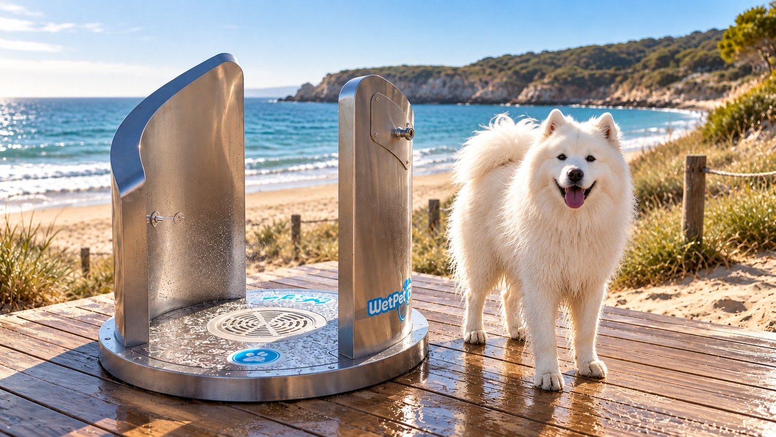 Douche canine WetPet Wall installée face à la mer, un samoyède à côté