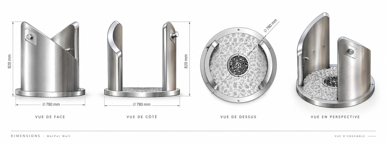 Plan technique coté de la douche WetPet Wall : vues de face, de côté, de dessus et en perspective