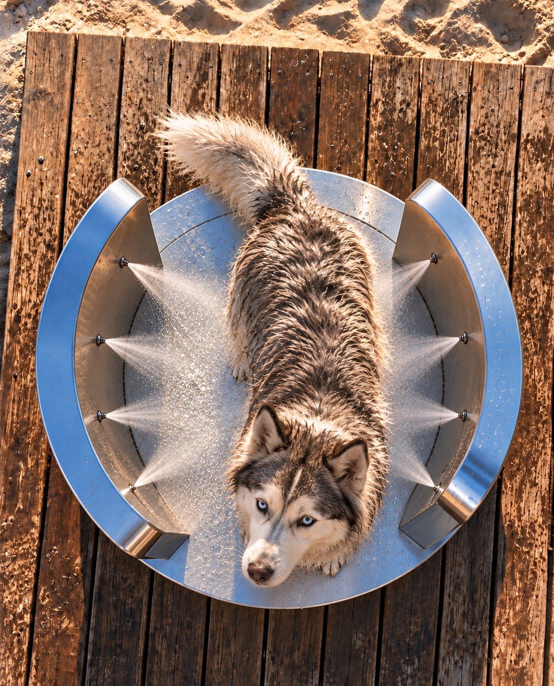 Vue du dessus d'un husky lavé dans la douche WetPet Wall, jets pulvérisés entre les parois