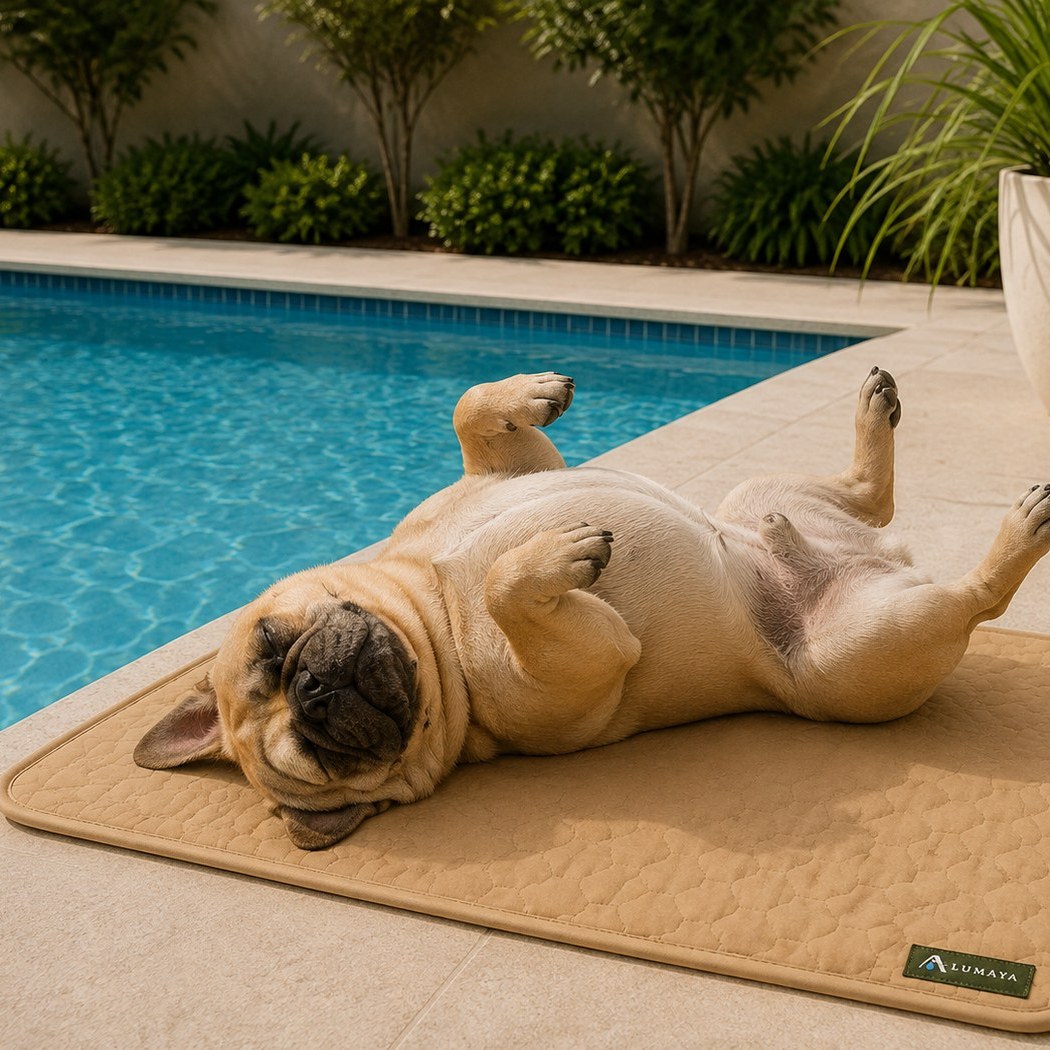 Bouledogue français sur couverture rafraîchissante LUMAYA au bord d'une piscine