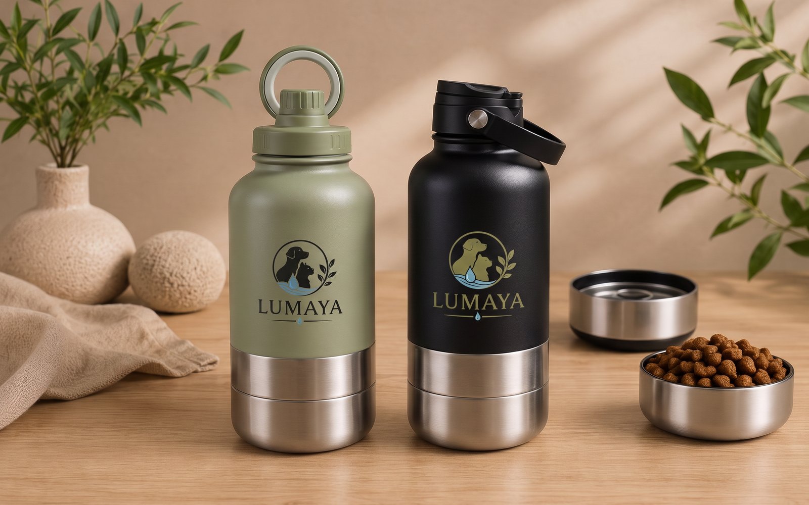 La gamme 3-en-1 LUMAYA en vert sauge et noir, avec ses deux bols inox