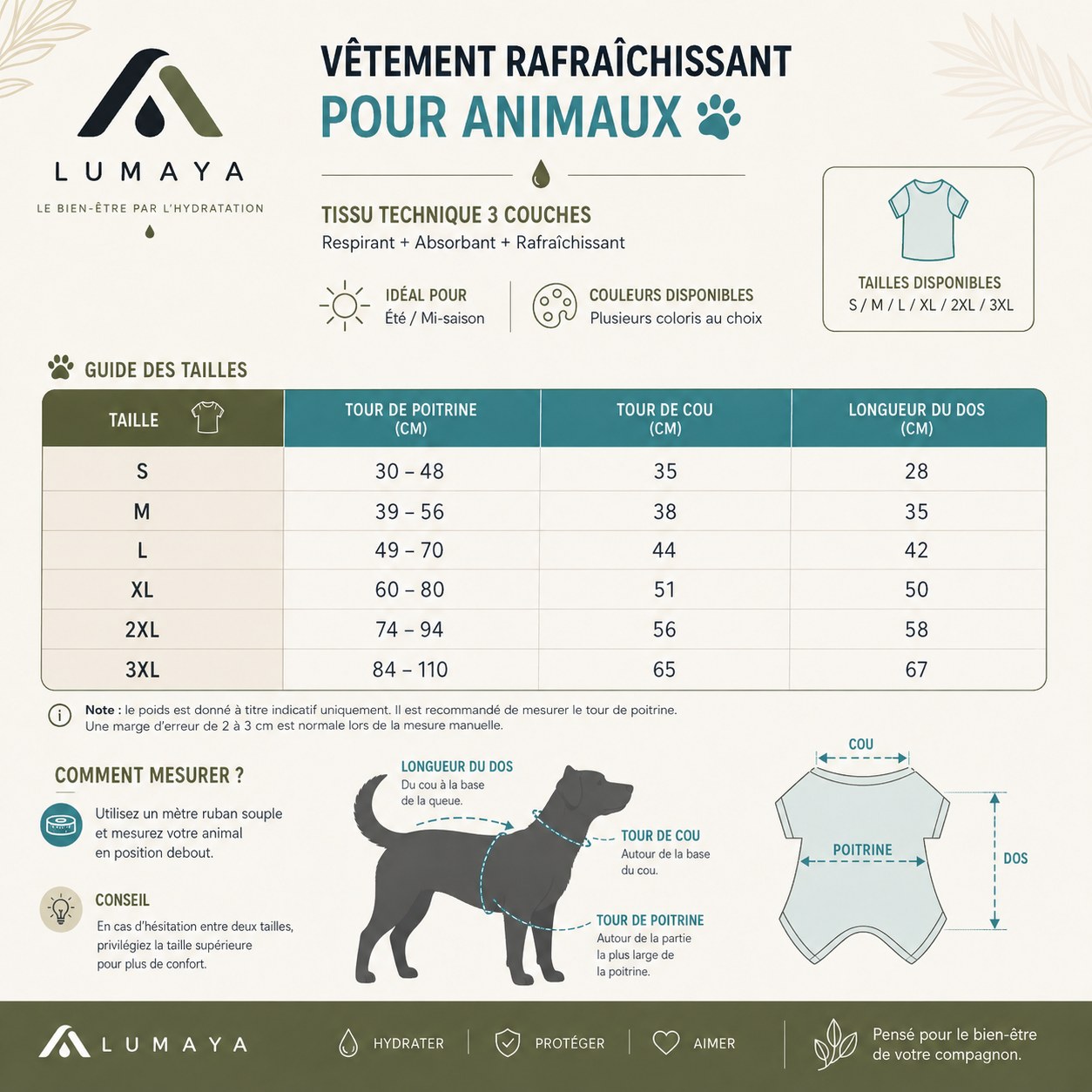Guide des tailles gilet rafraîchissant LUMAYA S à 3XL