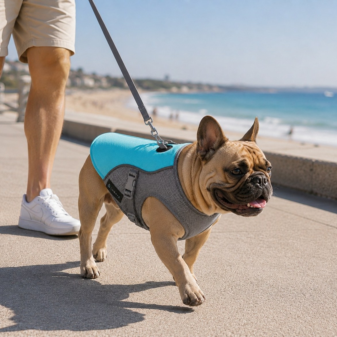 Bouledogue français portant le gilet rafraîchissant LUMAYA à la plage