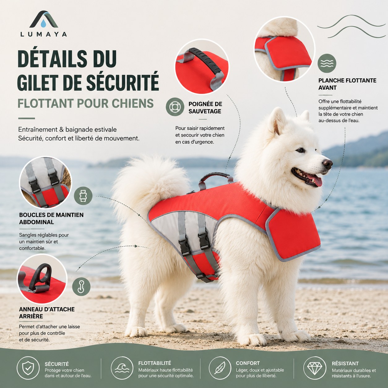 Détails gilet sauvetage LUMAYA : poignée et planche flottante