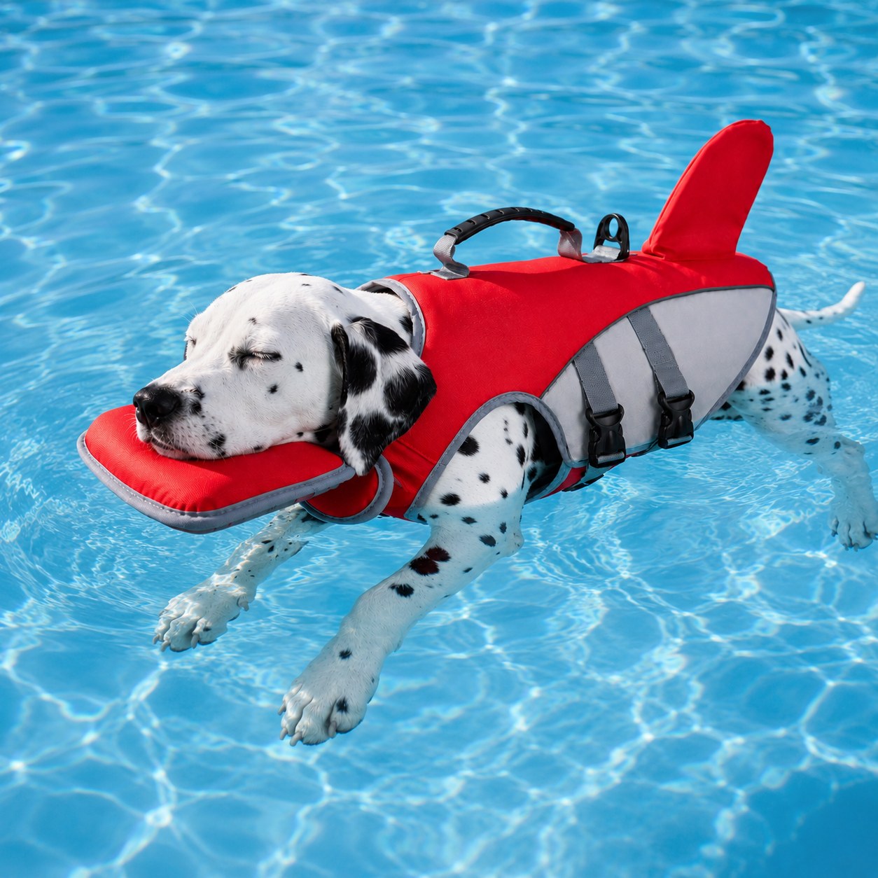 Dalmatien nageant avec le gilet de sauvetage LUMAYA rouge