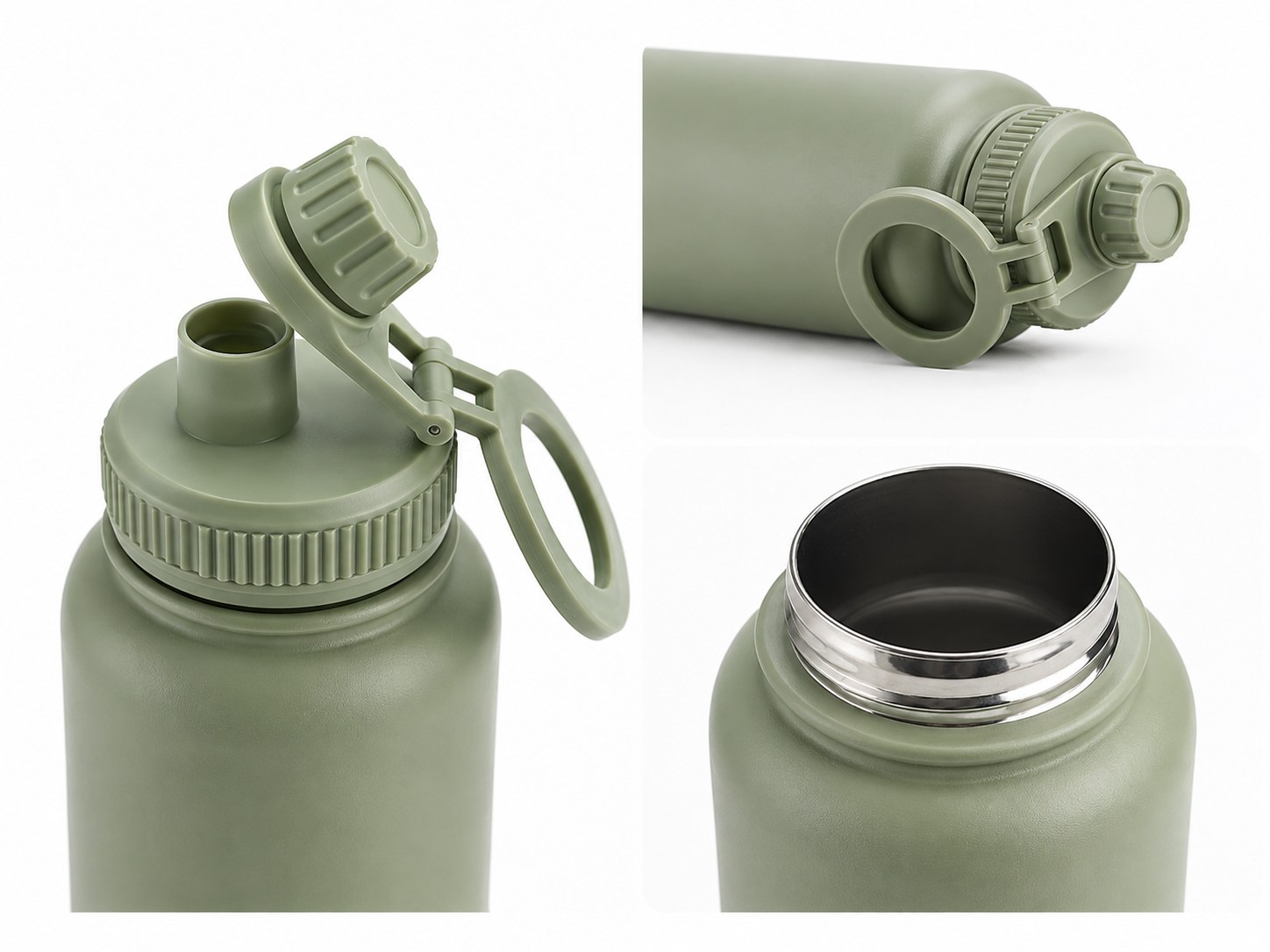 Détails du bouchon de la gourde 3-en-1 LUMAYA : ouverture large, large goulot inox et fermeture étanche