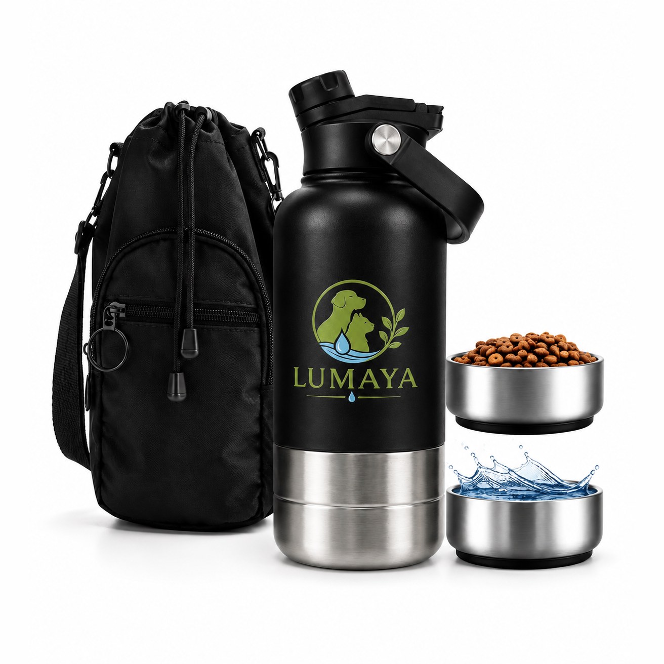 Kit gourde 3-en-1 paille LUMAYA inox noir 1 L avec 2 bols