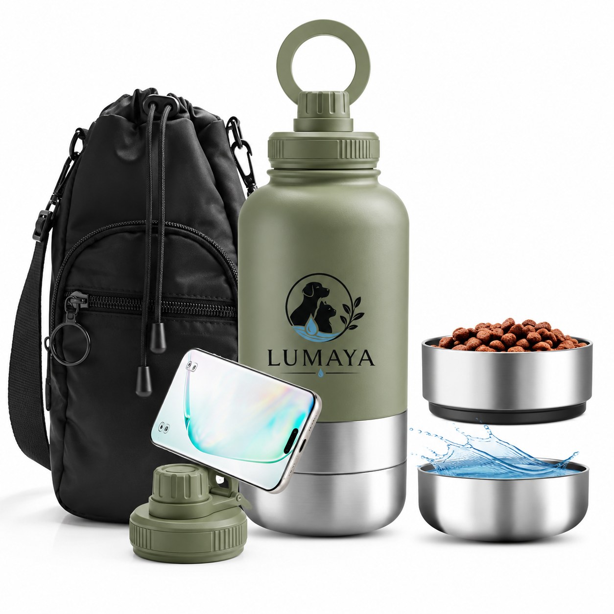 Kit gourde inox 3-en-1 support magnétique LUMAYA 1 L avec 2 bols inox
