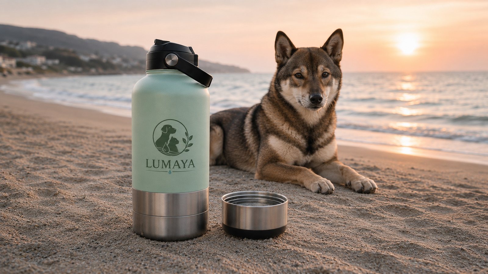 Un chien au bord de la mer au coucher du soleil, à côté d'une gourde et d'un bol LUMAYA