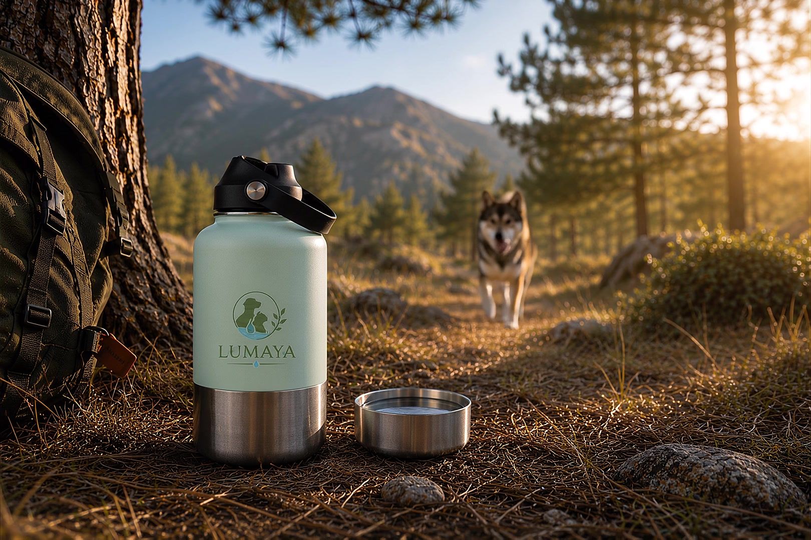 Un chien s'hydrate au bord de l'eau, à côté d'une gourde LUMAYA