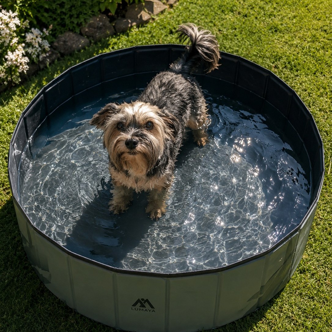 Yorkshire dans la piscine pliable LUMAYA au jardin