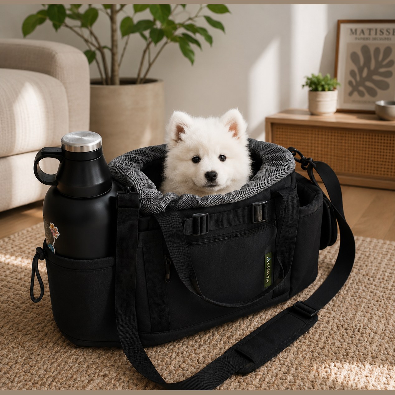 Chiot dans le sac de transport LUMAYA avec gourde LUMAYA