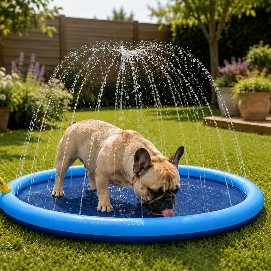 Bouledogue se rafraîchissant sur le tapis aquatique LUMAYA au jardin